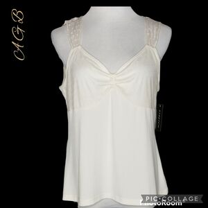 AGB tank top cream lace semi sheer gathered stretch sz xl made in USA nwt